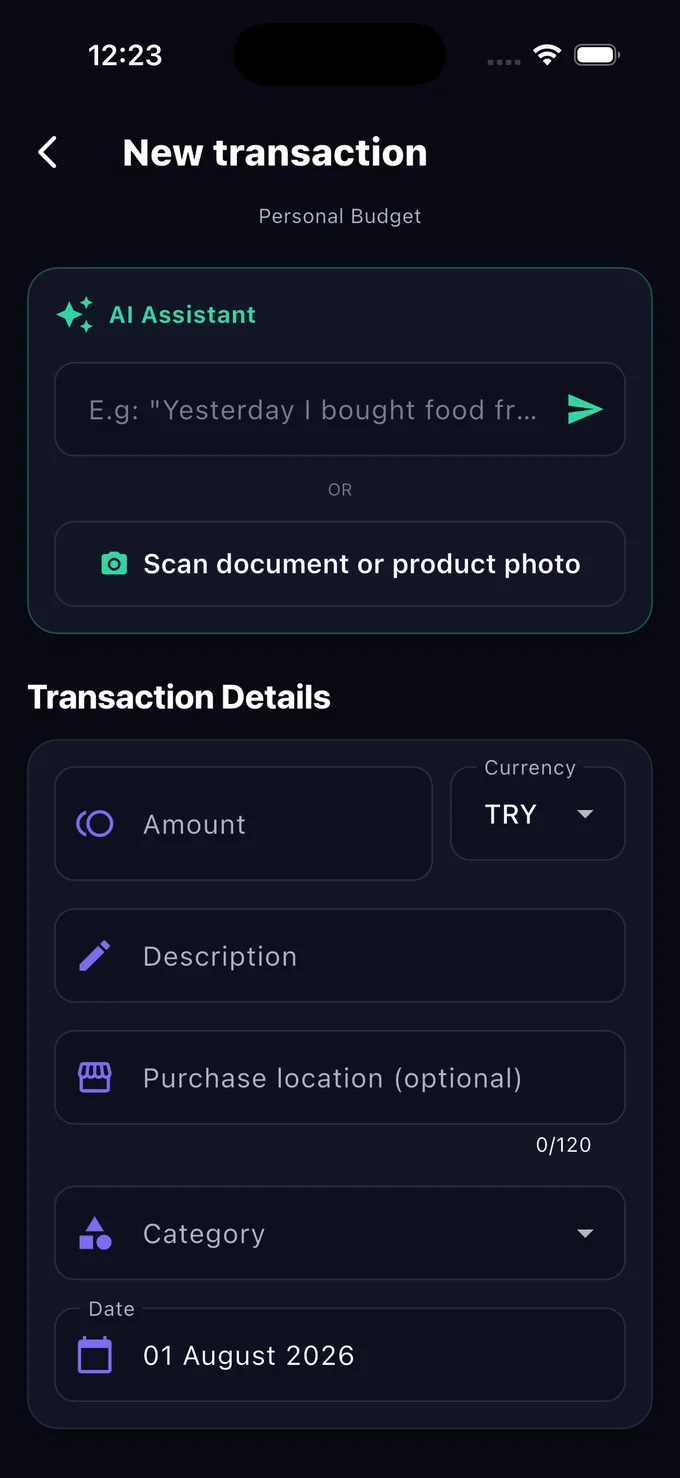SnapBudget AI new transaction screen showing AI assistant and expense fields